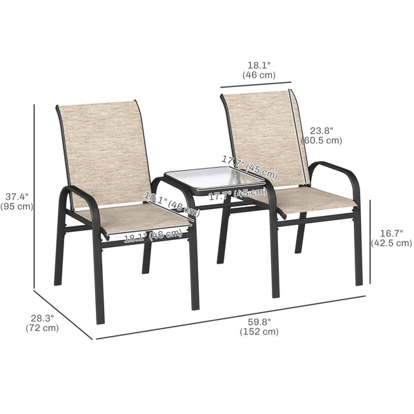 Outdoor Patio Loveseat, Outdoor Bench with Glass Table, Garden Bench with Breathable Mesh Seat, High Back, Armrests, 2-Seater Patio Furniture for Porch, Park, Brown