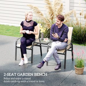 Outdoor Patio Loveseat, Outdoor Bench with Glass Table, Garden Bench with Breathable Mesh Seat, High Back, Armrests, 2-Seater Patio Furniture for Porch, Park, Brown