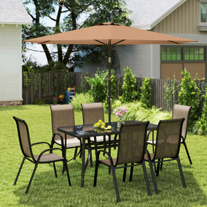 8 Pieces Patio Table and Chairs Set with 9 Ft Patio Umbrella, Outdoor Dining Set with 4.6 Ft Dining Table and 6 Chairs, Push Button Tilt and Crank Parasol, Tempered Glass Top, Mixed Brown