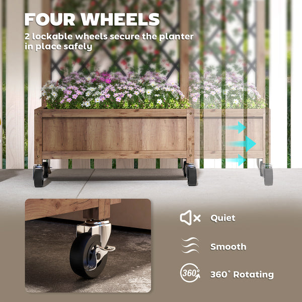 Raised Garden Bed with Metal Trellis, Pack of 2 Wooden Elevated Planter Box with Wheels and Drainage Holes, Outdoor Raised Planter for Climbing Plants, Fruits, Vegetables, Flowers, Brown