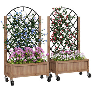 Raised Garden Bed with Metal Trellis, Pack of 2 Wooden Elevated Planter Box with Wheels and Drainage Holes, Outdoor Raised Planter for Climbing Plants, Fruits, Vegetables, Flowers, Brown