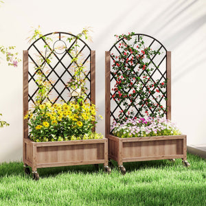 Raised Garden Bed with Metal Trellis, Pack of 2 Wooden Elevated Planter Box with Wheels and Drainage Holes, Outdoor Raised Planter for Climbing Plants, Fruits, Vegetables, Flowers, Brown