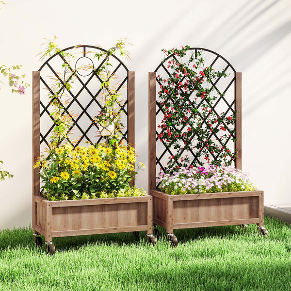 Raised Garden Bed with Metal Trellis, Pack of 2 Wooden Elevated Planter Box with Wheels and Drainage Holes, Outdoor Raised Planter for Climbing Plants, Fruits, Vegetables, Flowers, Brown
