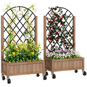 Raised Garden Bed with Metal Trellis, Pack of 2 Wooden Elevated Planter Box with Wheels and Drainage Holes, Outdoor Raised Planter for Climbing Plants, Fruits, Vegetables, Flowers, Brown