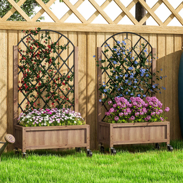 Raised Garden Bed with Metal Trellis, Pack of 2 Wooden Elevated Planter Box with Wheels and Drainage Holes, Outdoor Raised Planter for Climbing Plants, Fruits, Vegetables, Flowers, Brown