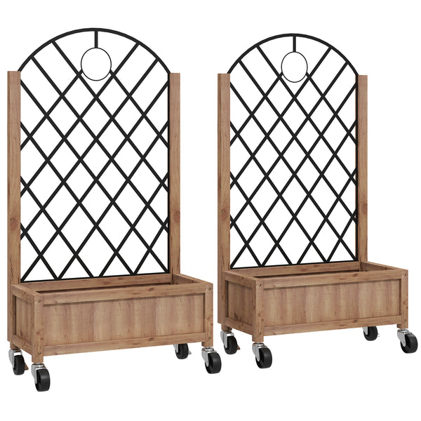 Raised Garden Bed with Metal Trellis, Pack of 2 Wooden Elevated Planter Box with Wheels and Drainage Holes, Outdoor Raised Planter for Climbing Plants, Fruits, Vegetables, Flowers, Brown
