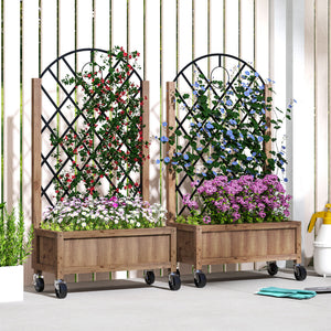 Raised Garden Bed with Metal Trellis, Pack of 2 Wooden Elevated Planter Box with Wheels and Drainage Holes, Outdoor Raised Planter for Climbing Plants, Fruits, Vegetables, Flowers, Brown
