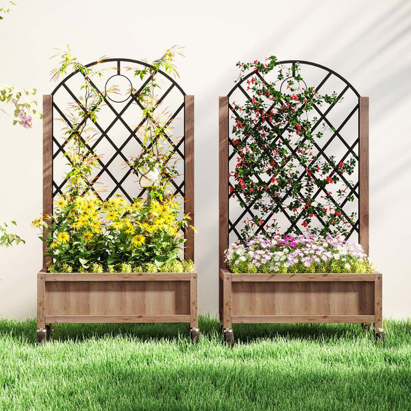 Raised Garden Bed with Metal Trellis, Pack of 2 Wooden Elevated Planter Box with Wheels and Drainage Holes, Outdoor Raised Planter for Climbing Plants, Fruits, Vegetables, Flowers, Brown