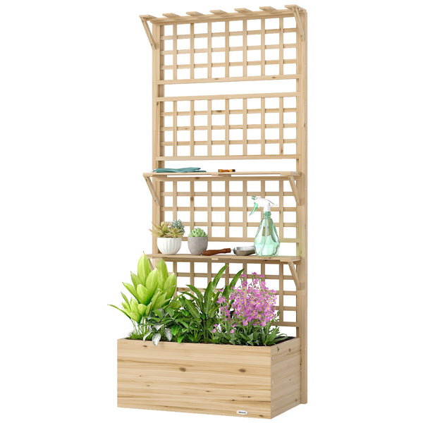 Wooden Raised Garden Bed with Trellis and Roof, Elevated Outdoor Planter Box with 2 Shelves, Drainage Hole and Liner for Climbing Plants Vegetables Flowers, Natural