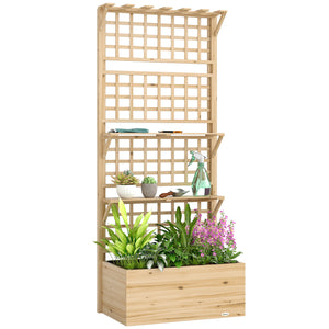 Wooden Raised Garden Bed with Trellis and Roof, Elevated Outdoor Planter Box with 2 Shelves, Drainage Hole and Liner for Climbing Plants Vegetables Flowers, Natural