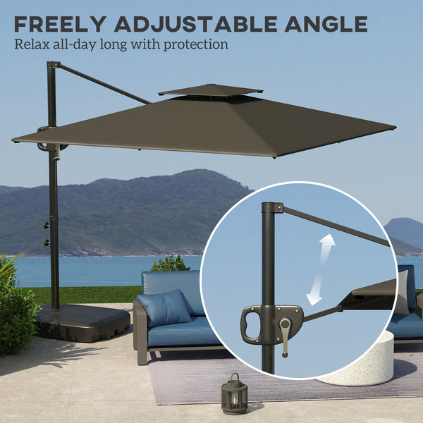 2.5m Garden Cantilever Parasol with Fillable Base, Up to 40kg, Double Top Garden Parasol, Square Overhanging Patio Umbrella with Crank Handle and Tilt for Outdoor Sun Shade, Dark Grey