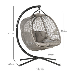 Outdoor Double Hanging Chair, Swing Chair with Metal Stand, Thick Padded Cushion, Foldable Basket and Cup Holders, for Indoor and Outdoor, Sand Brown