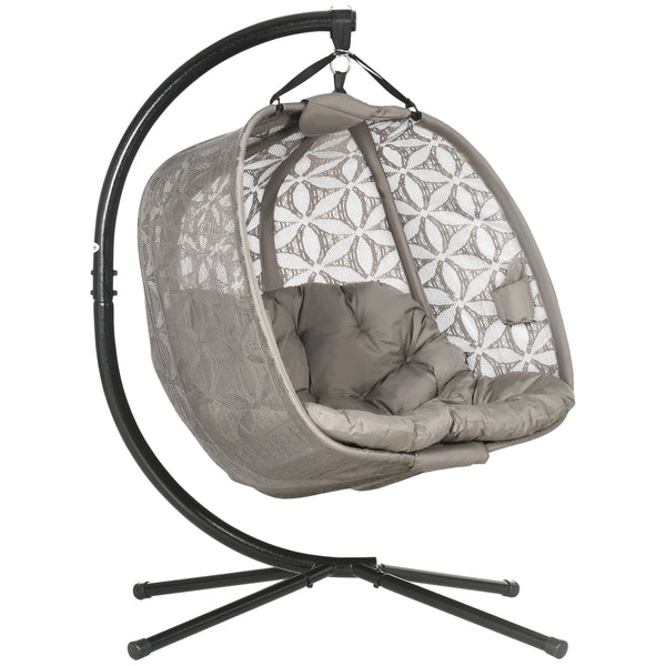 Outdoor Double Hanging Chair, Swing Chair with Metal Stand, Thick Padded Cushion, Foldable Basket and Cup Holders, for Indoor and Outdoor, Sand Brown