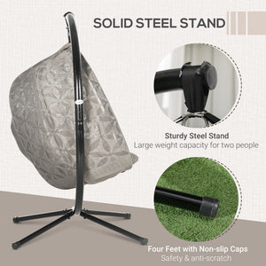 Outdoor Double Hanging Chair, Swing Chair with Metal Stand, Thick Padded Cushion, Foldable Basket and Cup Holders, for Indoor and Outdoor, Sand Brown
