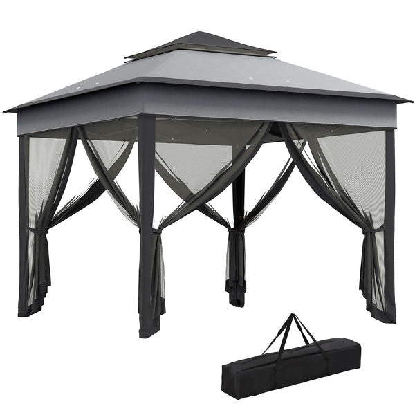 10.7 x 10.7ft Pop Up Camping Gazebo, Height Adjustable Instant Sun Shelter with UV30+ Roof Cover, Removable Mesh Curtains and Carrying Bag for Patio, Backyard, Dark Grey