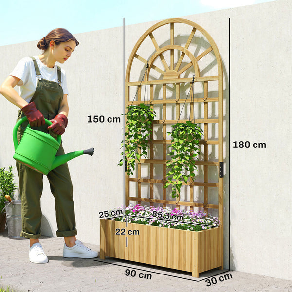 Wooden Raised Planter with Trellis, Raised Bed for Garden with Lattice and Drainage Holes for Climbing Plants, Outdoor Elevated Planter Box for Vegetables Flowers Herbs, 90 x 30 x 180 cm