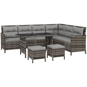 6 Pieces Patio Dining Set Wicker Outdoor Furniture Set Garden Rattan Sofa Set Outdoor Sectional Couch with Cushions, Dining Table and Ottomans, Light Grey