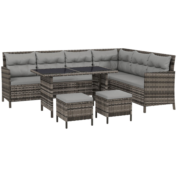 6 Pieces Patio Dining Set Wicker Outdoor Furniture Set Garden Rattan Sofa Set Outdoor Sectional Couch with Cushions, Dining Table and Ottomans, Light Grey