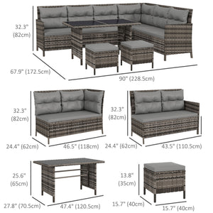 6 Pieces Patio Dining Set Wicker Outdoor Furniture Set Garden Rattan Sofa Set Outdoor Sectional Couch with Cushions, Dining Table and Ottomans, Light Grey