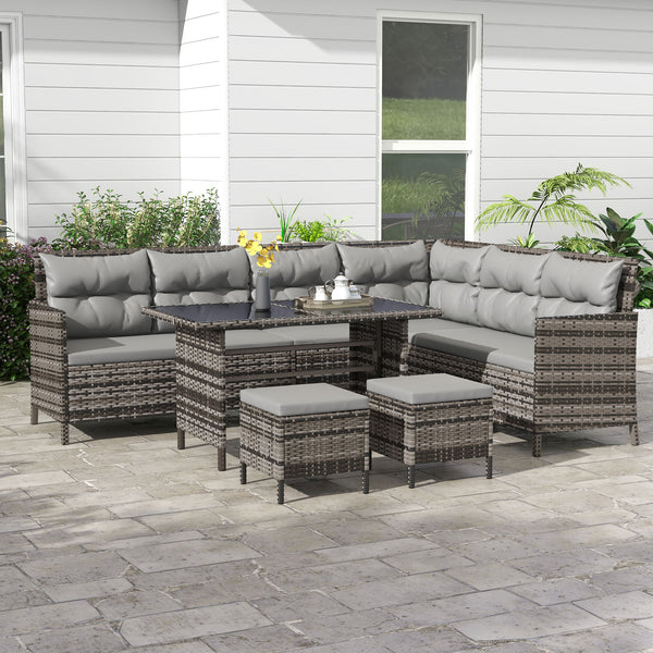 6 Pieces Patio Dining Set Wicker Outdoor Furniture Set Garden Rattan Sofa Set Outdoor Sectional Couch with Cushions, Dining Table and Ottomans, Light Grey