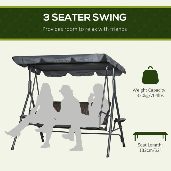 3 Seater Swing Chair, Garden Swing Seat Bench with Adjustable Canopy, Rattan Seat and Steel Frame for Patio, Yard, Dark Grey
