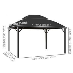 4 x 3(m) Polycarbonate Gazebo Outdoor, Hardtop Garden Patio Gazebo with Curtains, Nettings, Double Roof, Aluminium Frame for Lawn, Yard, Patio, Deck, Black