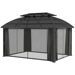 4 x 3(m) Polycarbonate Gazebo Outdoor, Hardtop Garden Patio Gazebo with Curtains, Nettings, Double Roof, Aluminium Frame for Lawn, Yard, Patio, Deck, Black