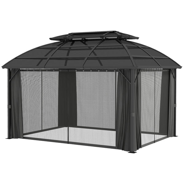 4 x 3(m) Polycarbonate Gazebo Outdoor, Hardtop Garden Patio Gazebo with Curtains, Nettings, Double Roof, Aluminium Frame for Lawn, Yard, Patio, Deck, Black
