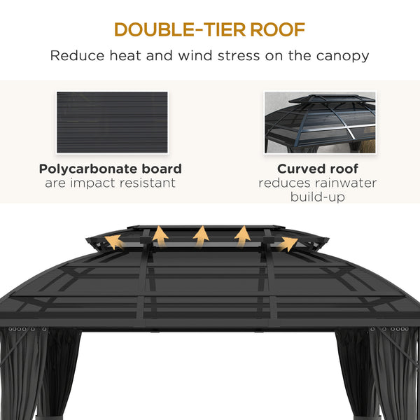 4 x 3(m) Polycarbonate Gazebo Outdoor, Hardtop Garden Patio Gazebo with Curtains, Nettings, Double Roof, Aluminium Frame for Lawn, Yard, Patio, Deck, Black
