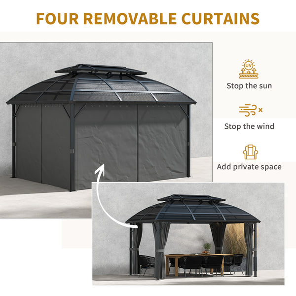4 x 3(m) Polycarbonate Gazebo Outdoor, Hardtop Garden Patio Gazebo with Curtains, Nettings, Double Roof, Aluminium Frame for Lawn, Yard, Patio, Deck, Black