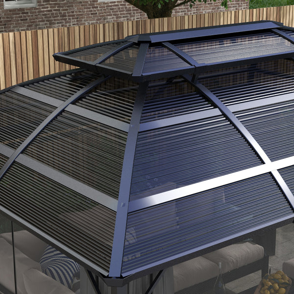 4 x 3(m) Polycarbonate Gazebo Outdoor, Hardtop Garden Patio Gazebo with Curtains, Nettings, Double Roof, Aluminium Frame for Lawn, Yard, Patio, Deck, Black