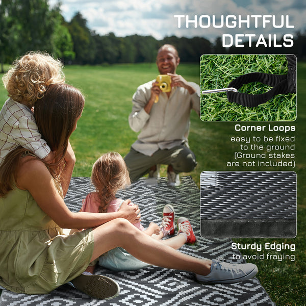 Portable Outdoor Rug with Carry Bag, 8' x 10' Reversible Mat, Waterproof Plastic Straw RV Rug for Backyard, Deck, Picnic, Beach, Camping, Black and Grey Geometric