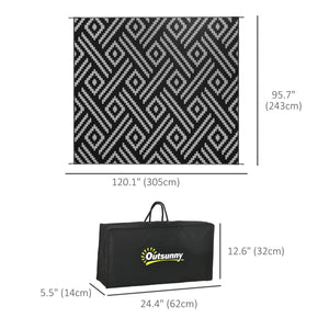Portable Outdoor Rug with Carry Bag, 8' x 10' Reversible Mat, Waterproof Plastic Straw RV Rug for Backyard, Deck, Picnic, Beach, Camping, Black and Grey Geometric