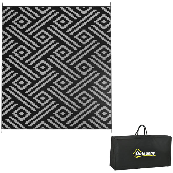Portable Outdoor Rug with Carry Bag, 8' x 10' Reversible Mat, Waterproof Plastic Straw RV Rug for Backyard, Deck, Picnic, Beach, Camping, Black and Grey Geometric