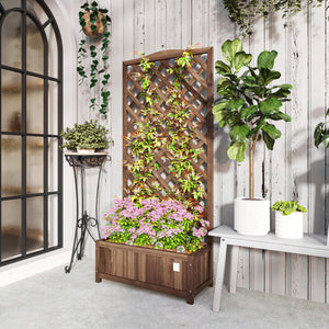 53L Garden Wooden Planter Box with Trellis Free Standing Flower Raised Bed with Lattice for Climbing Plants, 76cm x 36cm x 170cm, Dark Brown