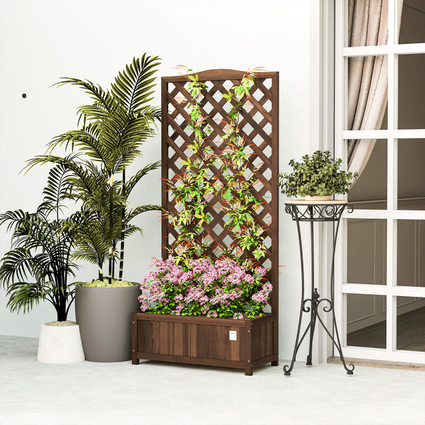 53L Garden Wooden Planter Box with Trellis Free Standing Flower Raised Bed with Lattice for Climbing Plants, 76cm x 36cm x 170cm, Dark Brown