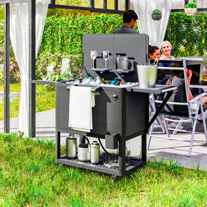 104 Quart Patio Cooler with Wheels, Holds up to 70 Bottles / 120 Cans, Rolling Ice Chest with Bottle Opener and Shelves, Outdoor Beverage Bar Cart with Handles, Black