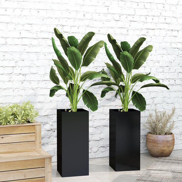 2 Pack Planter Box, 26 Inch Plastic Planter Pots with Water Level Indicator, Flower Pots with Drainage Hole and Drain Plug for Indoor Outdoor, Black