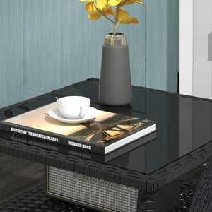 20" Patio Wicker Coffee Table, Outdoor PE Rattan Two-tier Side Table with Glass Top, for Patio, Garden, Balcony, Black
