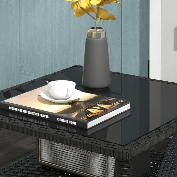 20" Patio Wicker Coffee Table, Outdoor PE Rattan Two-tier Side Table with Glass Top, for Patio, Garden, Balcony, Black