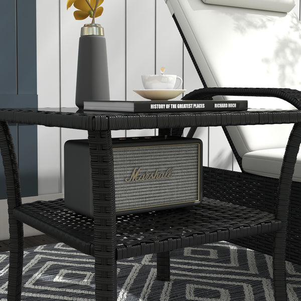 20" Patio Wicker Coffee Table, Outdoor PE Rattan Two-tier Side Table with Glass Top, for Patio, Garden, Balcony, Black