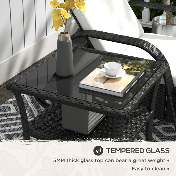 20" Patio Wicker Coffee Table, Outdoor PE Rattan Two-tier Side Table with Glass Top, for Patio, Garden, Balcony, Black