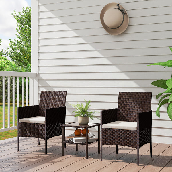 3 Pieces Wicker Patio Furniture Set, Rattan Bistro Set with 2 Patio Chairs, 2-Tier Square Glass Table, Cushions, Outdoor Conversation Furniture for Porch, Balcony, Beige