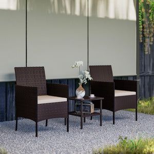 3 Pieces Wicker Patio Furniture Set, Rattan Bistro Set with 2 Patio Chairs, 2-Tier Square Glass Table, Cushions, Outdoor Conversation Furniture for Porch, Balcony, Beige