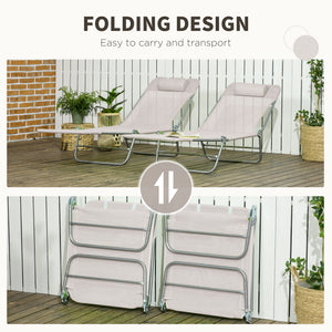 Outsunny 2 Piece Folding Chaise Lounge Chairs, Pool Sun Tanning Chairs, Outdoor Lounge Chairs with Reclining Back, Breathable Mesh Seat, Headrest for Beach, Yard, Patio, Cream White