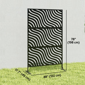 Metal Outdoor Privacy Screen, 78" x 48" Freestanding Outdoor Divider with Stand, Decorative Privacy Panel with Ripple Cut-out Design for Garden Patio Backyard, Black