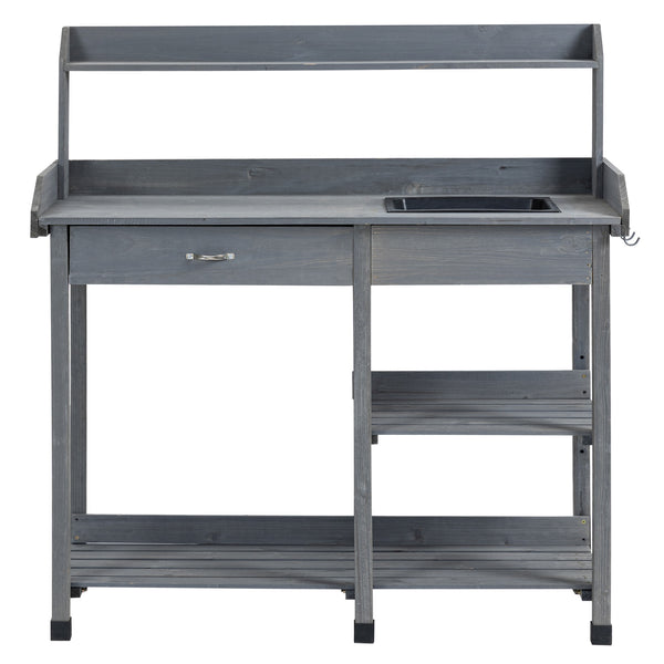Potting Bench Table Garden Work Bench Workstation with Drawer, Removable Sink, Storage Shelves and Hooks for Patio, Courtyards, Balcony