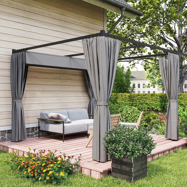3 x 3(m) Pergola with Retractable Roof Canopy and Curtains, Metal Frame Garden Gazebo Outdoor Sun Shade Shelter for Grill, Patio, Deck, Light Grey