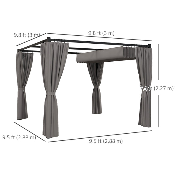 10' x 10' Pergola with Retractable Pergola Canopy and Curtains, Metal Frame Garden Gazebo Outdoor Sun Shade Shelter for Grill, Patio, Deck, Light Grey