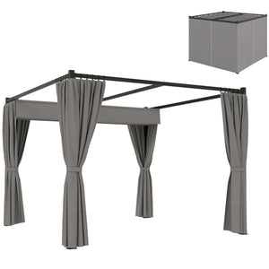 3 x 3(m) Pergola with Retractable Roof Canopy and Curtains, Metal Frame Garden Gazebo Outdoor Sun Shade Shelter for Grill, Patio, Deck, Light Grey